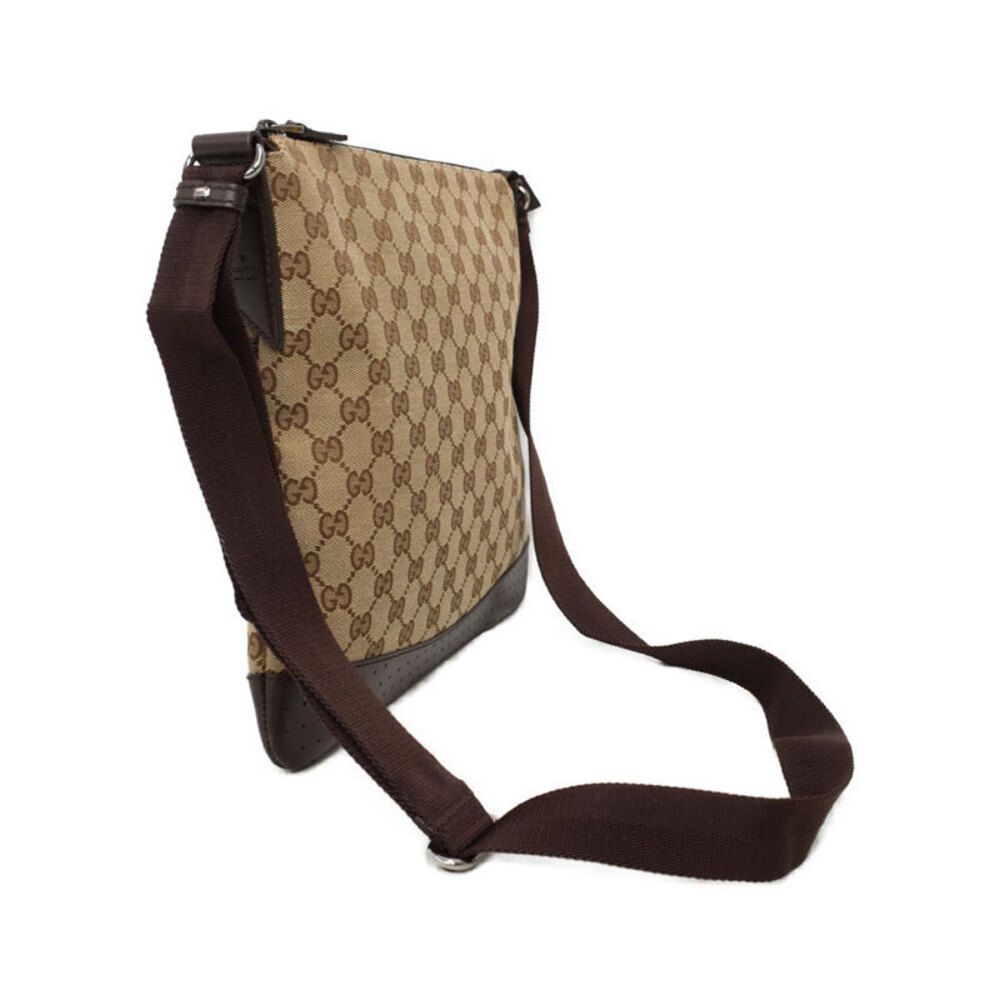 Gucci Leather Perforated Bag Canvas Messenger Crossbody Brown GG